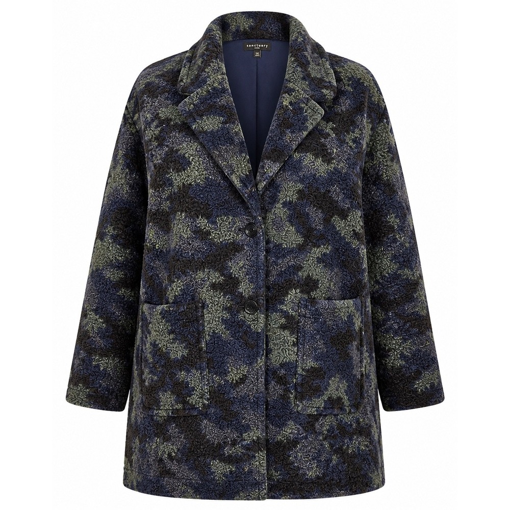 Susan Graver Weekend 1X Camo Sherpa Fleece Jacket Blue Green Button Front Coat